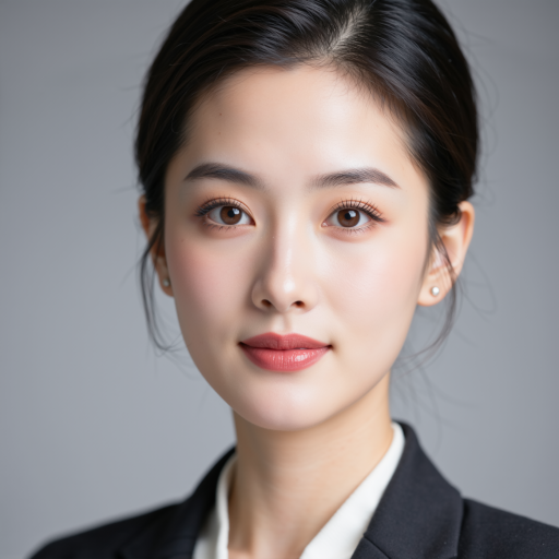 二十八岁左右女性技术总监头像，穿白色衬衫，黑色外套，长发披肩，浅灰色背景，专业职场形象